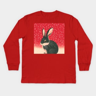 Red Christmas Snow American Black Cute Mini Rex Bunny in Merry Christmas New Year Vibes Kids Long Sleeve T-Shirt